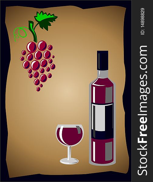 illustration of bottle and glass with wine and grapes