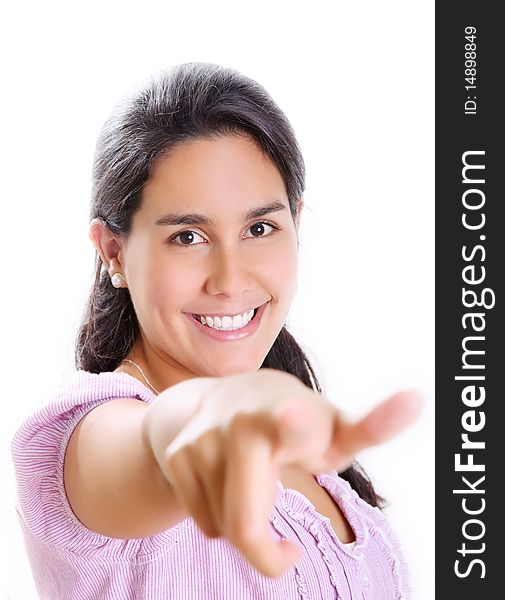 Student pointing and looking at the camera. White Background. Student pointing and looking at the camera. White Background