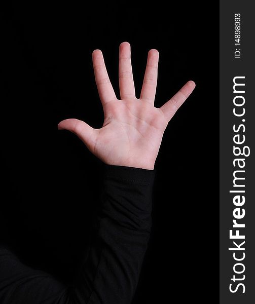 Girl hand over black background. Body part, open palm. Girl hand over black background. Body part, open palm