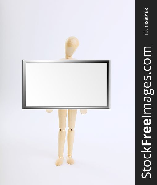 Wooden doll with blank board over white background. Space to insert text or design