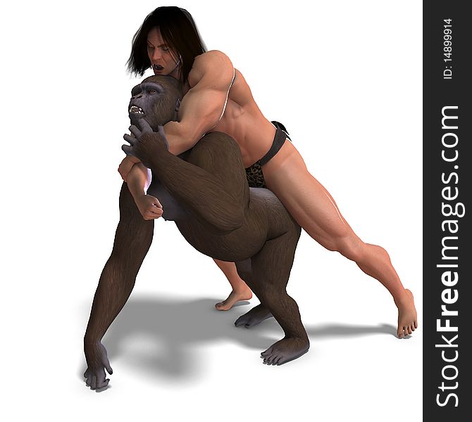Apeman and gorilla are fighting. 3D rendering with clipping path and shadow over white