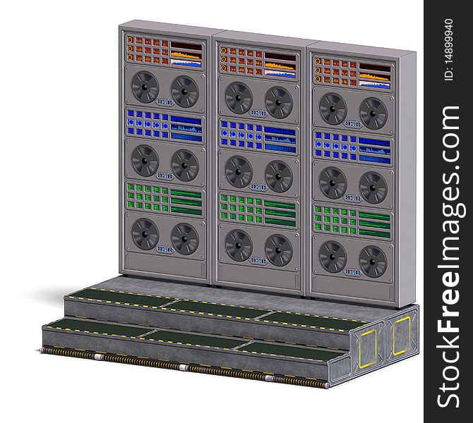 A historic science fiction computer or mainframe. 3D rendering with clipping path and shadow over white