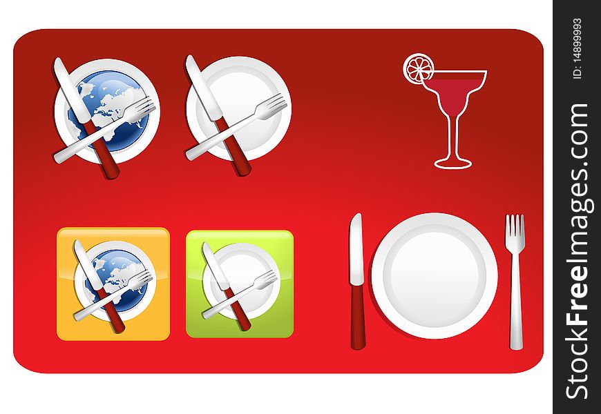 Place setting with globe, plate, fork, knife, and glass of beverage; global gourmet icon illustration
