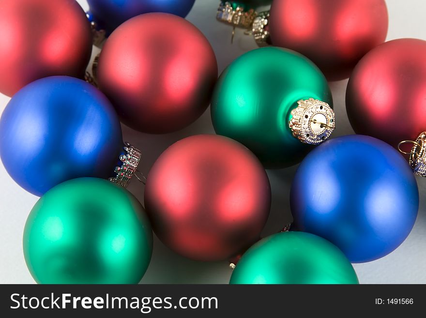 Red green and blue Christmas ornaments. Red green and blue Christmas ornaments