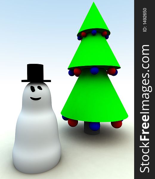 A computer created Christmas scene of a snowman and Christmas tree. A computer created Christmas scene of a snowman and Christmas tree.