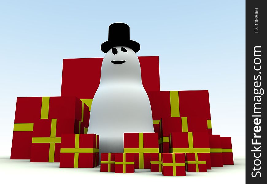 A computer created Christmas scene of a snowman and Christmas presents. A computer created Christmas scene of a snowman and Christmas presents