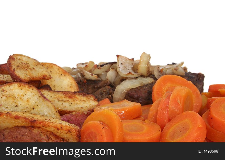 Carrots with Baked Potato Wedges and Steak with Onions. Carrots with Baked Potato Wedges and Steak with Onions