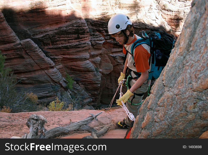 Technical descending in canyon country. Technical descending in canyon country