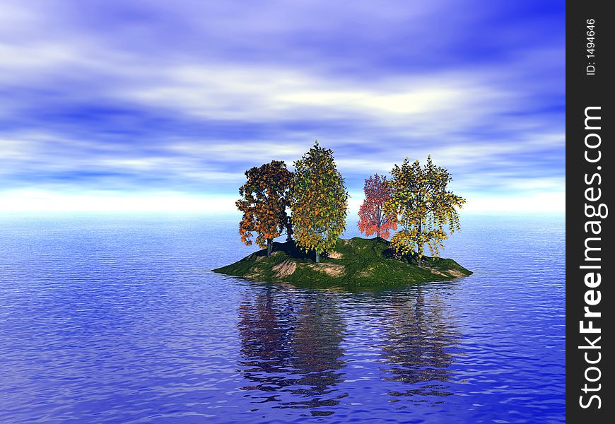 Small  island  with  autumn trees - 3d illustration. Small  island  with  autumn trees - 3d illustration