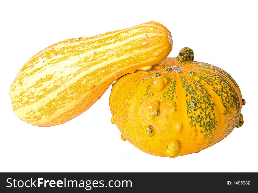 Two isolated pumpkins,one round and one long