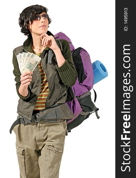 Girl, young woman with a backpack planning a trip-on white
