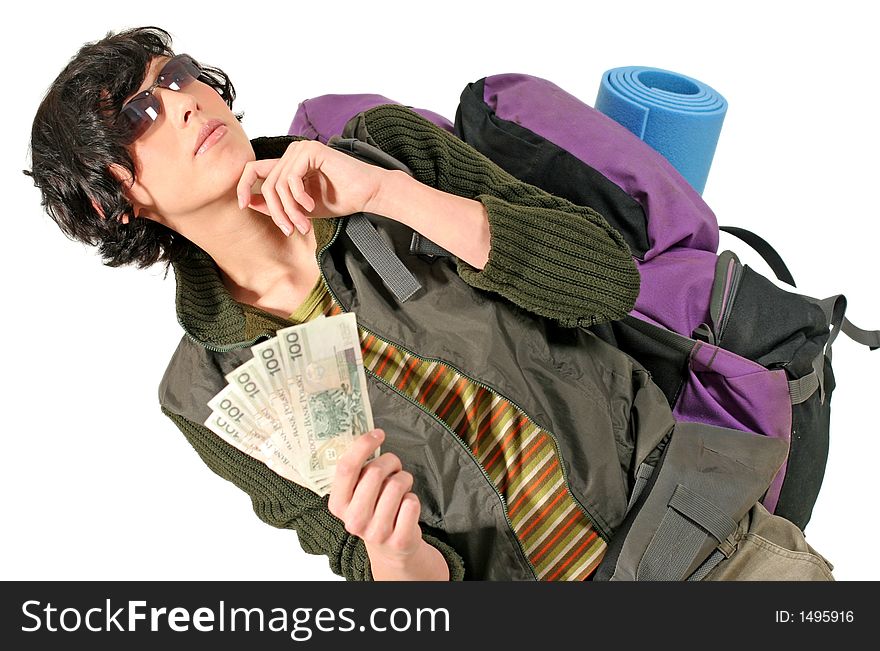 Girl, young woman with a backpack planning a trip-on white