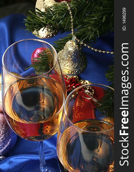 Glass Of White Wine On A Beautiful Christmas Background
