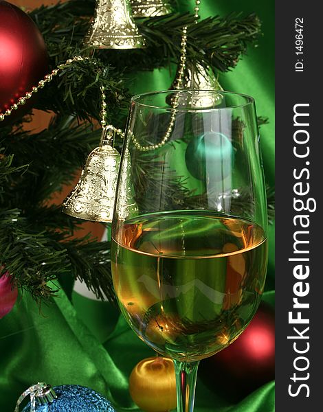 Glass Of White Wine On A Beautiful Christmas Background