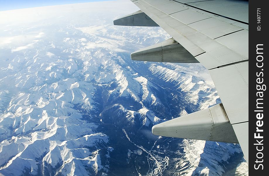 Aerial view of the Rocky mountains from a commercial aircraft.