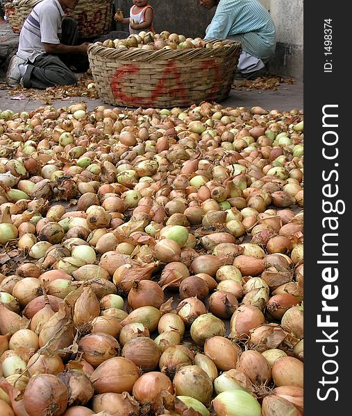 Onions being sorted  in asia mmarket