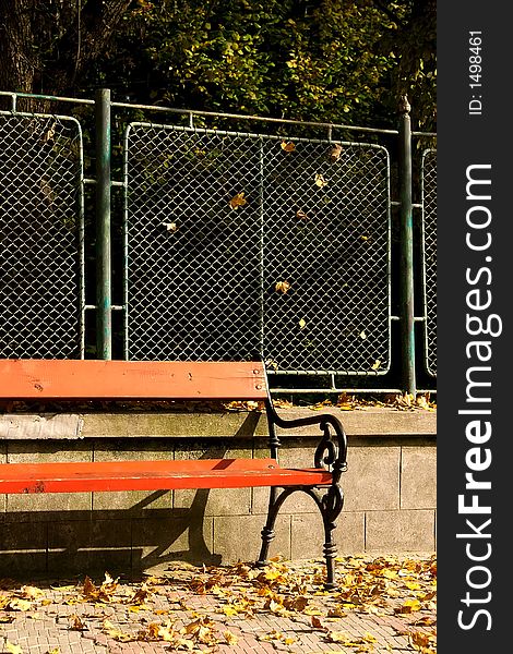 Orange bench near park fence in autumn sun