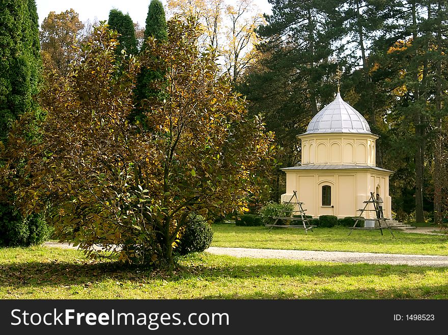 Small religious construction in Curtea de Arges Monastery park - Romania. An imppresive relgious monument finished in 7 january 1517 by Neagoe Basarab