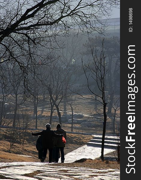 People walking at Beijing botanical garden during the winter season.