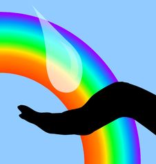The Drop Falling In A Hand, Against A Rainbow Stock Photos The Drop Falling In A Hand, Against A Rainbow Stock Photos