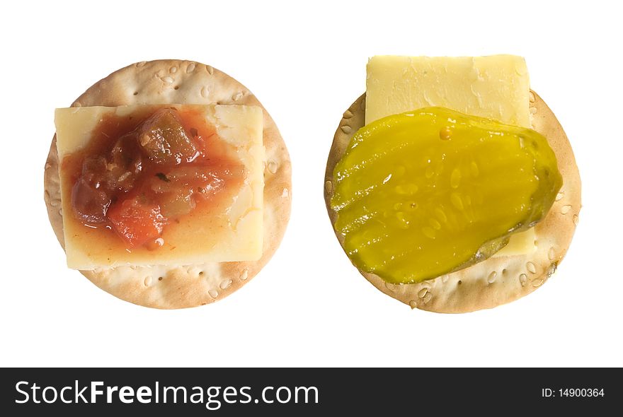 Two appetizers, one with pickle and cheese the other with salsa and cheese, isolated on a white background