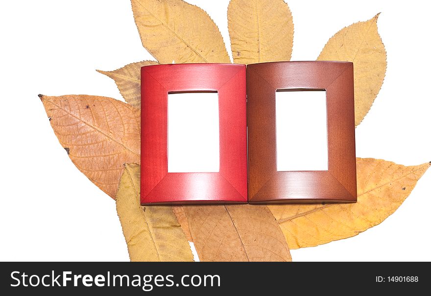 Yellow leaves and two frames on a white background.
