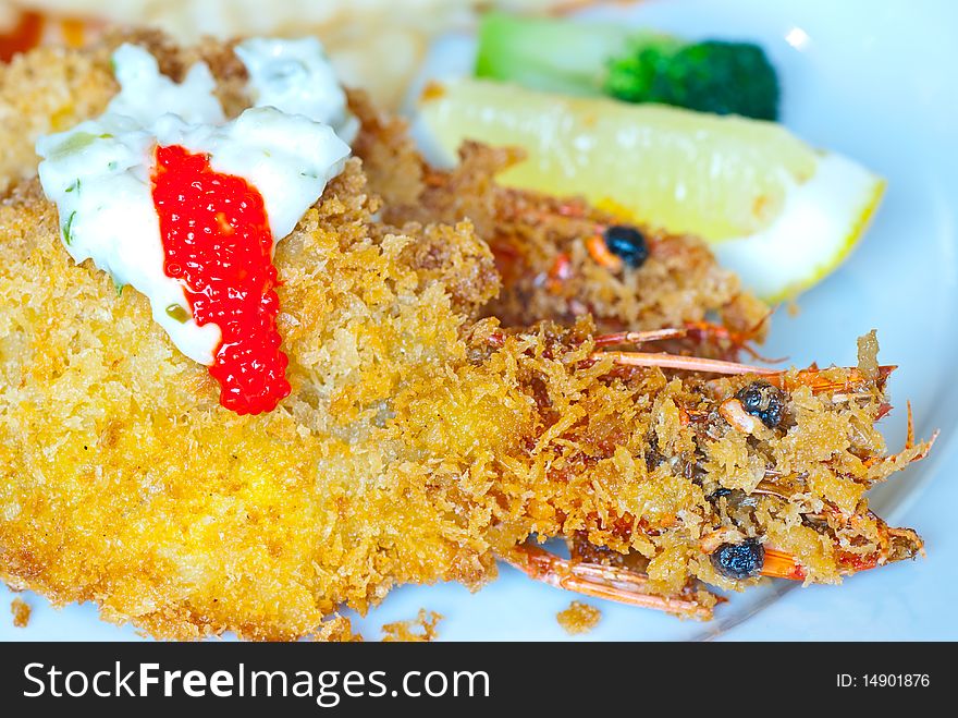 Fried king prawns captured beautifully and elegantly in a hotel fine dining