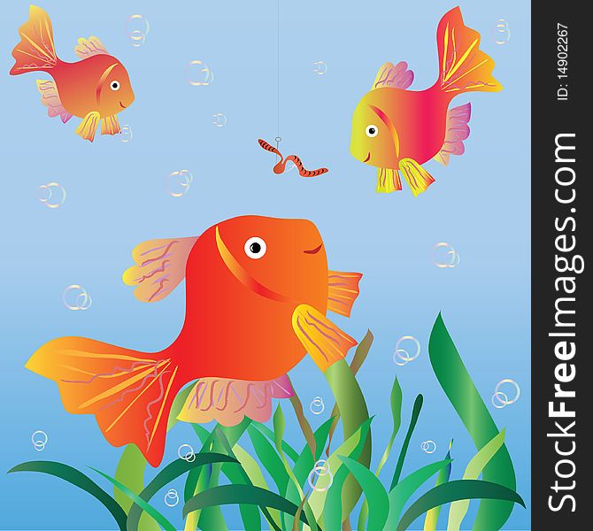 Small fishes look at a worm. Vector illustration.