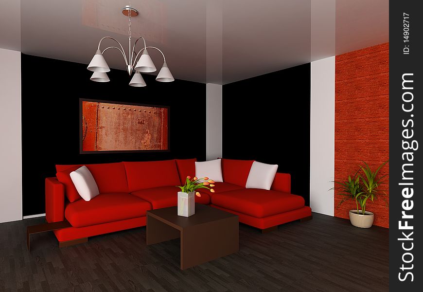 Red sofa in a drawing room 3d image