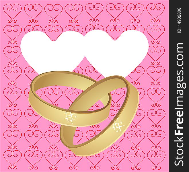 Two wedding rings on hearts background