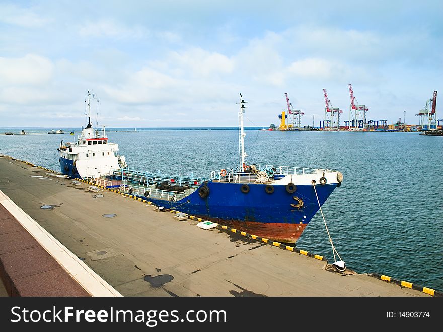 Sea port view with cranes and vessel in Odessa, Ukraine. Sea port view with cranes and vessel in Odessa, Ukraine