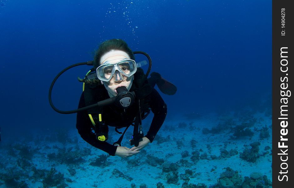 Female scuba diver looks at the camera