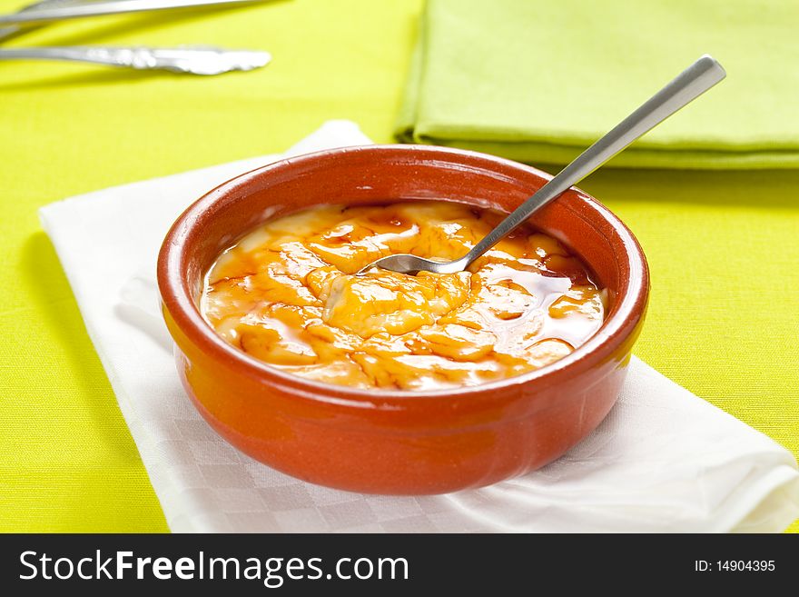 Bowl of crema catalana delicious typical Spanish dessert