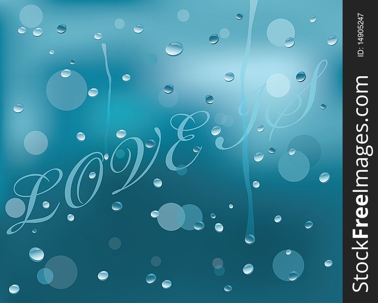 Inscription on the misted over glass with drops