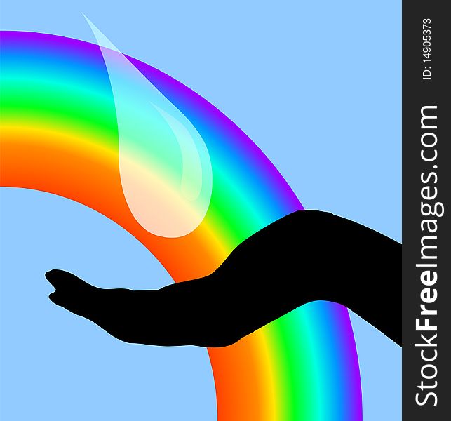 The drop falling in a hand, against a rainbow. Vector