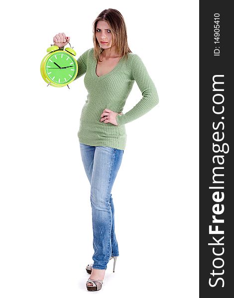 Attractive young model holding the clock on white background. Attractive young model holding the clock on white background
