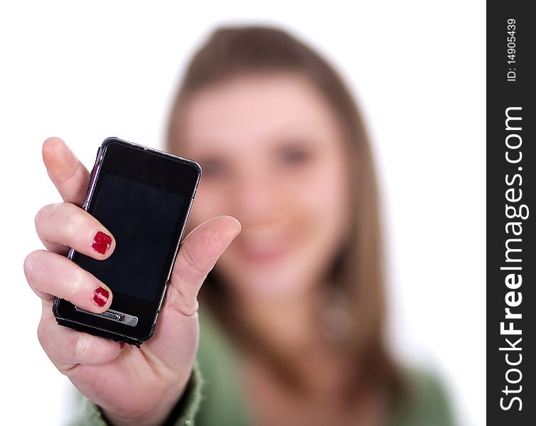 Female showing her cell phone on a isolated white background