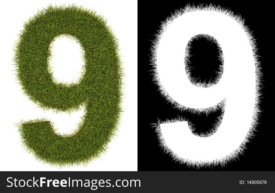 3D number 9 of the grass with alpha channel