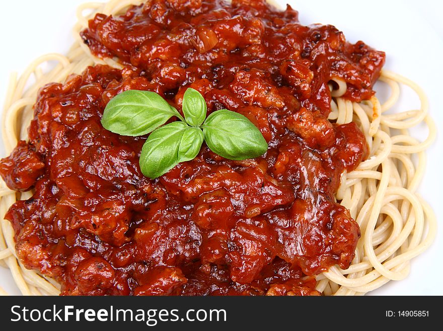 Spaghetti bolognese on a plate in close up