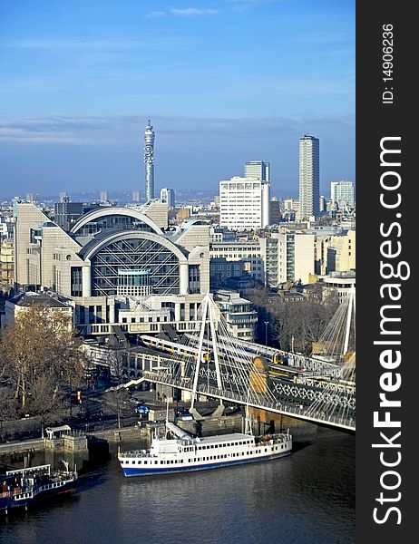 View from London Eye looking down on Crarring Cross, London. View from London Eye looking down on Crarring Cross, London