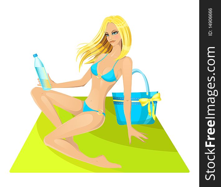 Beautiful blonde girl in bikini. Vector illustration