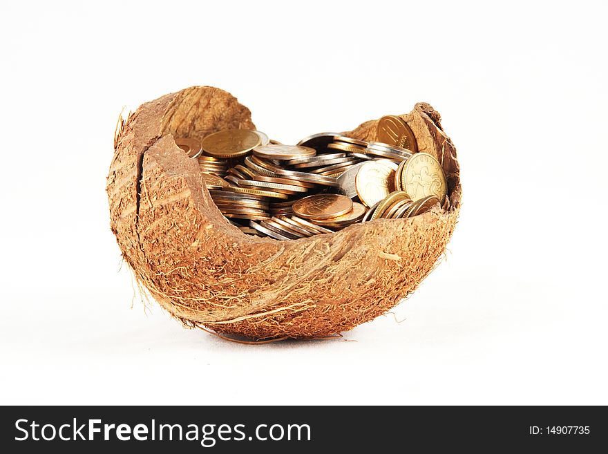 Money in cocoa shell on white