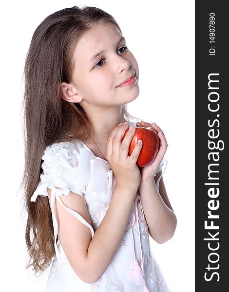 Girl with red apple isolated on white