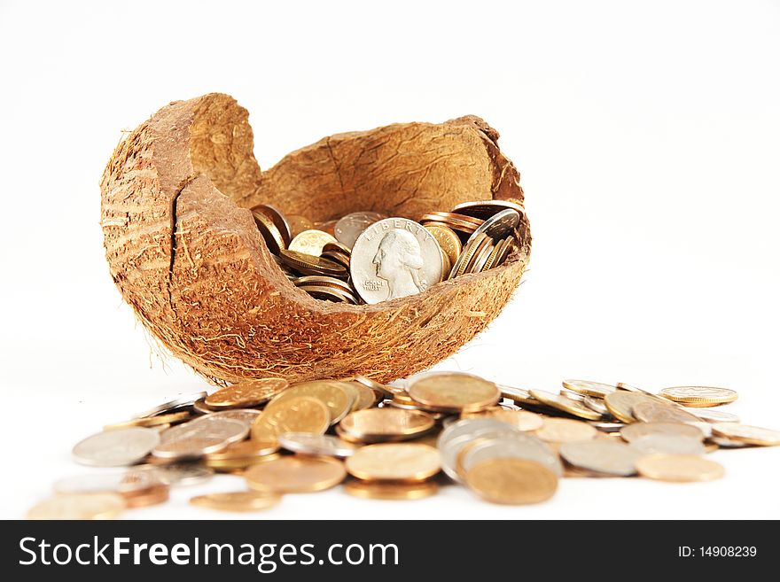 A coins in cocoa shell. A coins in cocoa shell