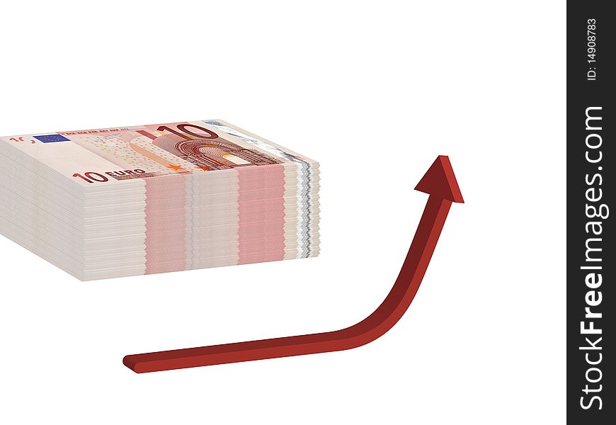 Red arrow points upwards in front of Euro banknotes. Red arrow points upwards in front of Euro banknotes