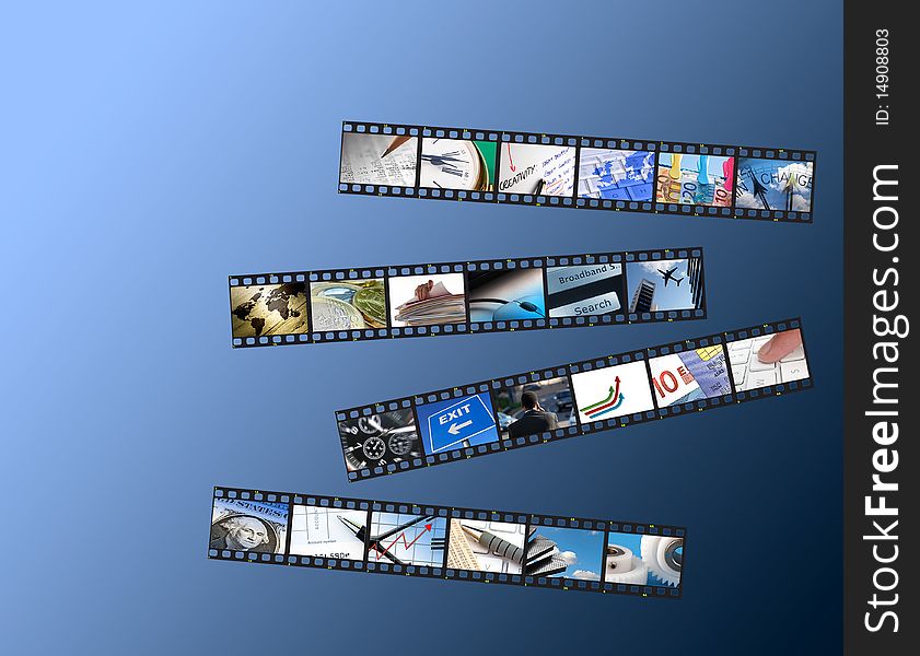 Film strips of business images over blue. Film strips of business images over blue