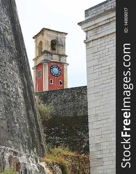 Old Byzantine fortress of Corfu town, Greece, clock tower. Old Byzantine fortress of Corfu town, Greece, clock tower