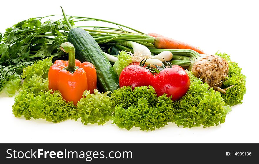 Organic raw vegetables on white background