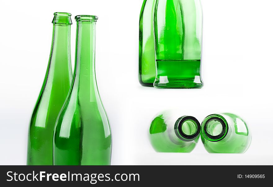 Green wine bottle on white background different views. Green wine bottle on white background different views