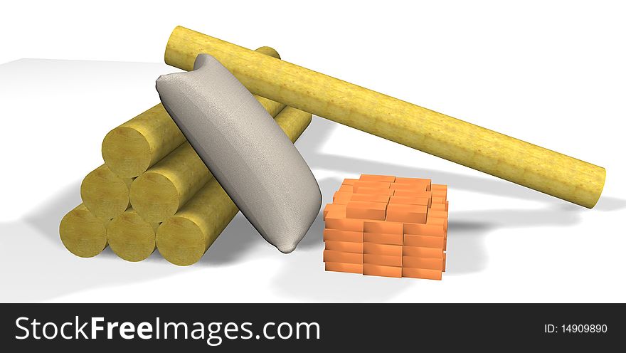 The logs combined by a pile with a laying log across. To logs the bag is  lean-to and nearby bricks are combined. The logs combined by a pile with a laying log across. To logs the bag is  lean-to and nearby bricks are combined.